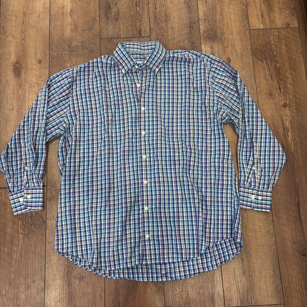 Peter Millar Crown Soft Shirt XL Plaid Button Down Blue White Silk Cotton Blend